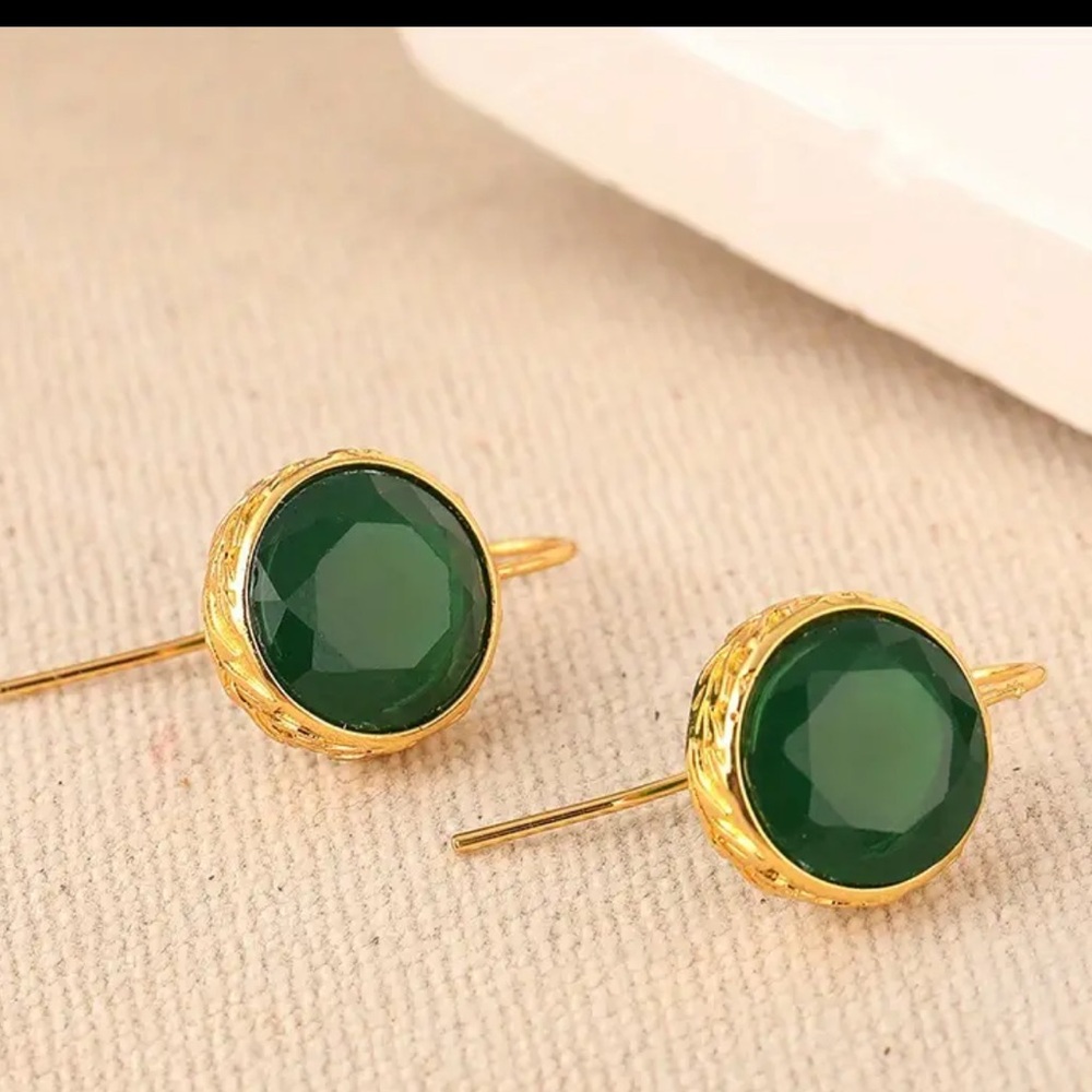 Gold Emerald Green Color Round Boho, Green Synthetic Emerald Pendant Earrings